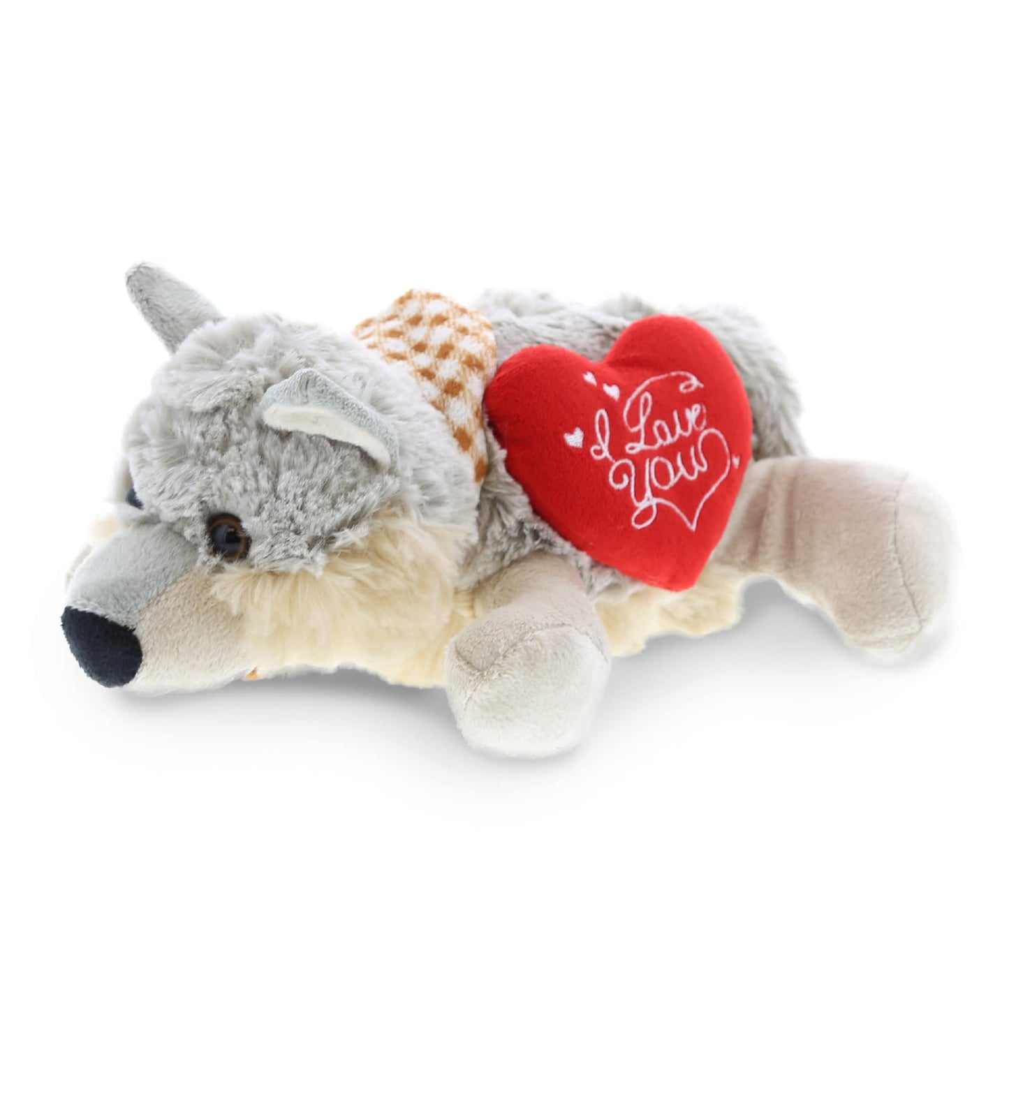 DolliBu I Love You Valentine Plush Lying Grey Wolf - Cute Stuffed Animal with Red Heart and Name Personalization Gift for Valentines Day, Birthday, Anniversary, Romantic Date - 9 Inches