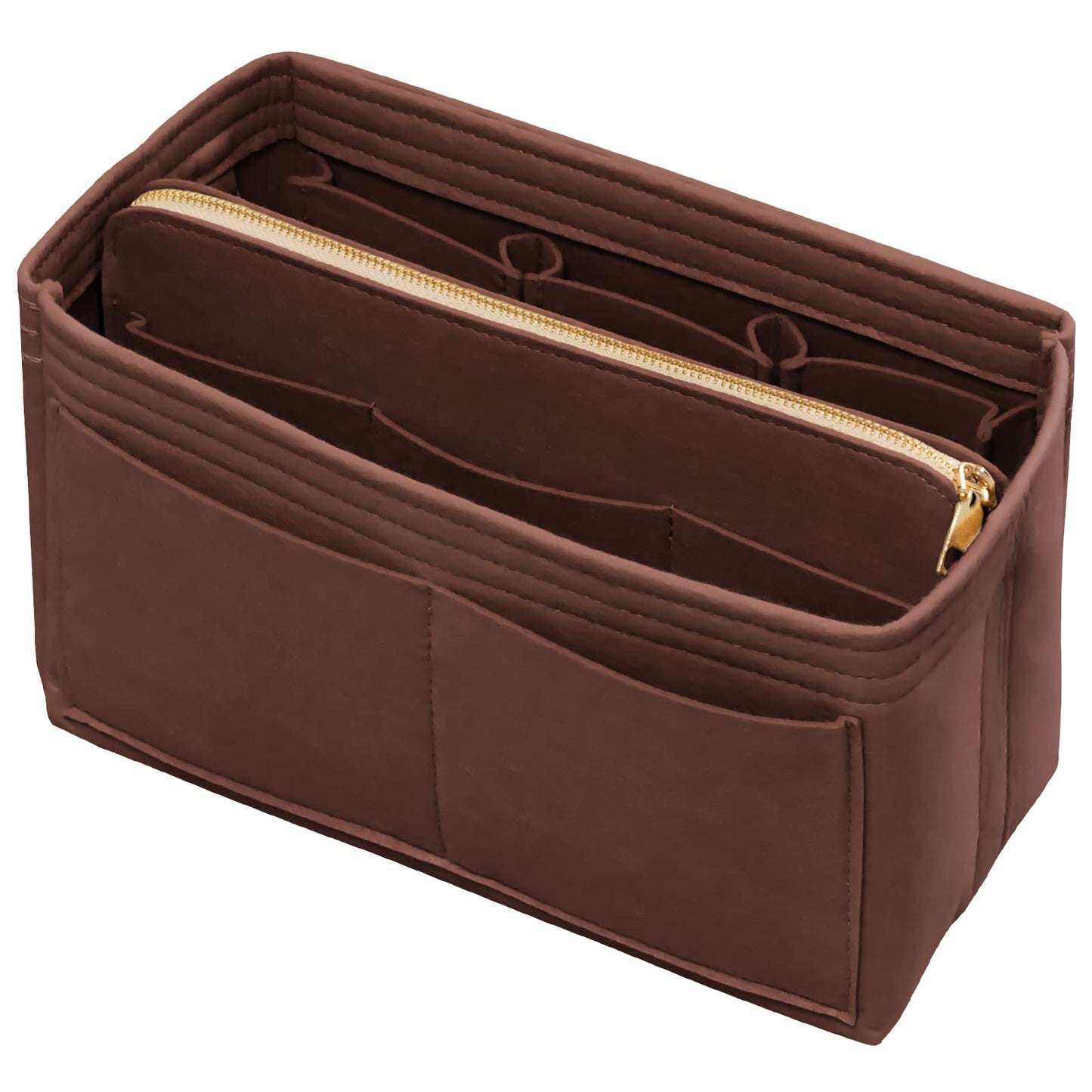 DailyPlus Felt Bag Organizer Insert with Zipper and Key Chain for Tote Purse - Brown Small