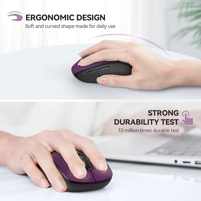 TECKNET Bluetooth Mouse, 4000DPI Wireless Mice for Laptop 2-in-1(BT 5.0/3.0+2.4Ghz) Computer Portable PC Mouse Wireless with USB Receiver for Mac (USB-A+Bluetooth, Purple)