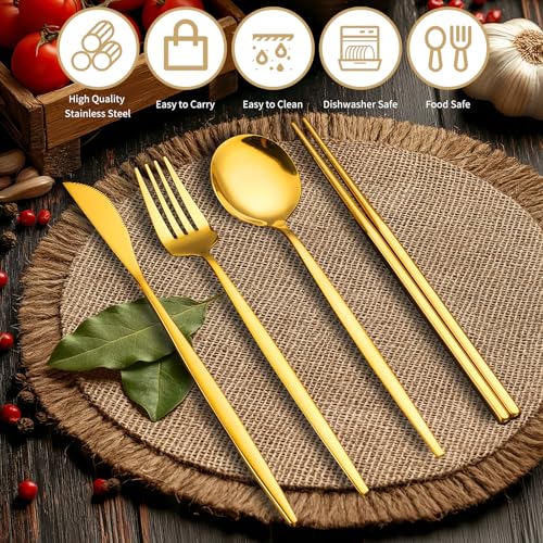 Novasteel Premium Travel Flatware Set,4 Pieces Golden Stainless Steel Flatware with Eco-Friendly Storage Case,Reusable, Po...
