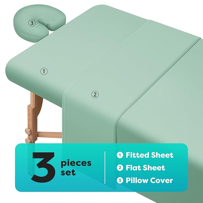 Comfyanno Massage Table Sheets Sets, 3 Pcs Professional Microfiber Massage Bed Cover Sheets, Soft, Light-Weight, Stain & Wrinkle Resistant, Includes Flat & Fitted Sheet, Face Cradle Cover - Sage