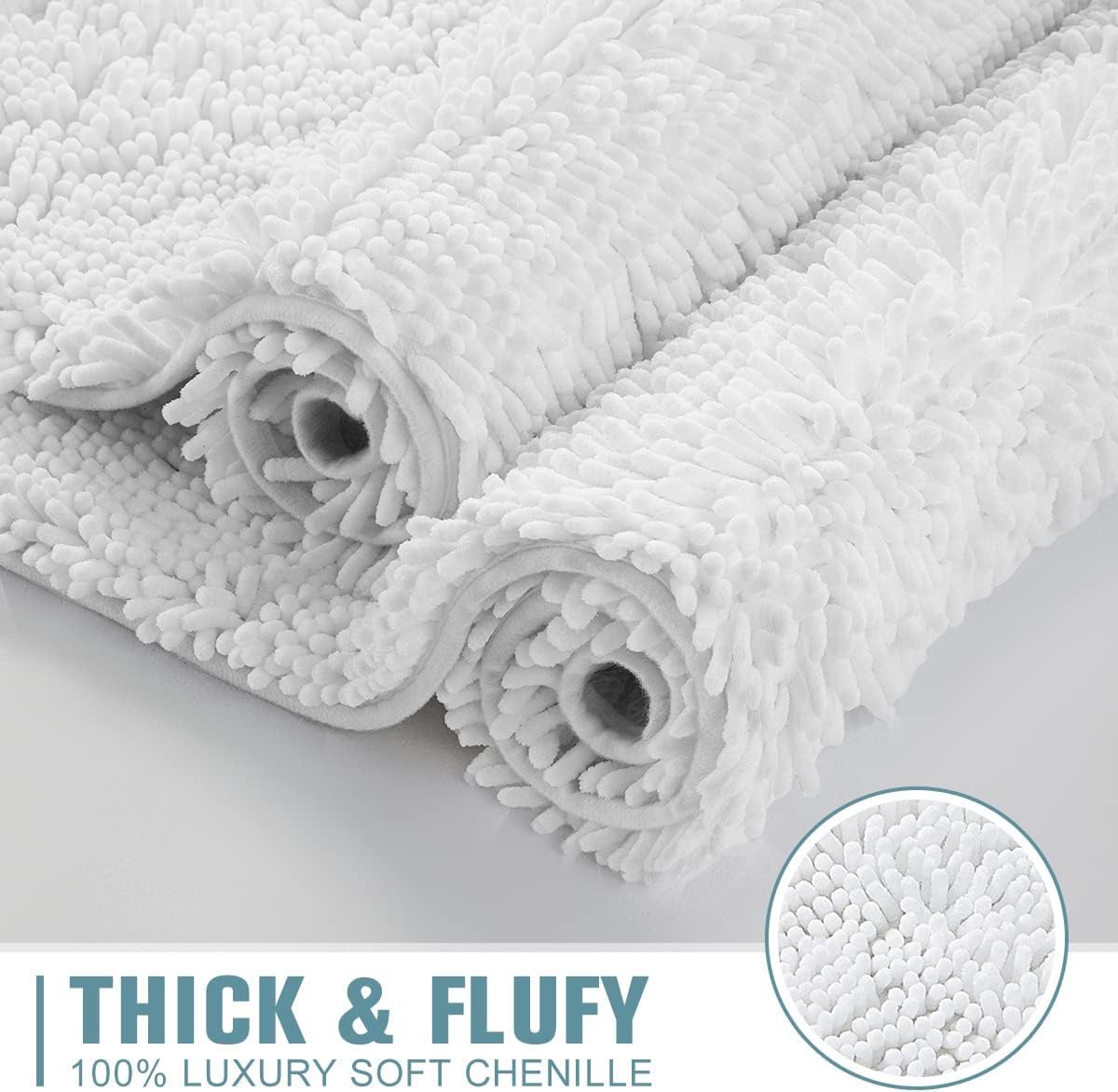 SONORO KATE Bathroom Rug,Non-Slip Bath Mat,Soft Cozy Shaggy Thick Bath Rugs for Bathroom,Plush Rugs for Bathtubs,Water Absorbent Rain Showers and Under The Sink (White, 36" x 24" Plus 32" x 20")