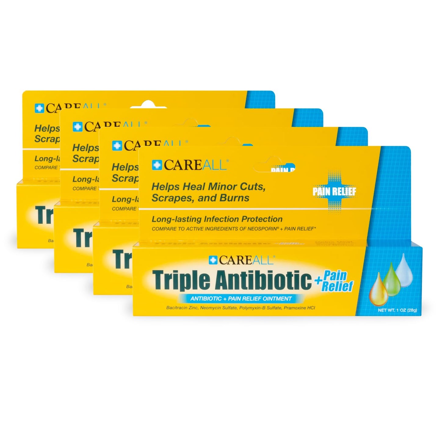 CareAll Triple Antibiotic Ointment + Pain Relief 1.0 oz (4 Pack), Dual Action First Aid for Minor Scrapes, Cuts, and Burns to Help Prevent Infection While Providing Maximum Strength Pain Relief.