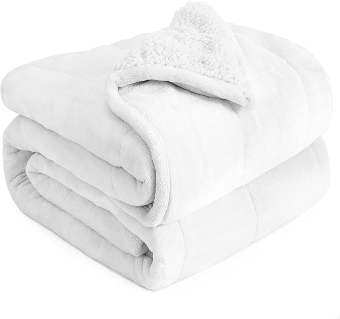 Cottonblue Sherpa Fleece Weighted Blanket 15 lbs for Adult, Sherpa Flannel Cozy Plush Bed Blankets, Fuzzy Sherpa Flannel Blanket Full Size, Minky Soft Blanket for Sofa Bed,48 x 72 inches,Snow White