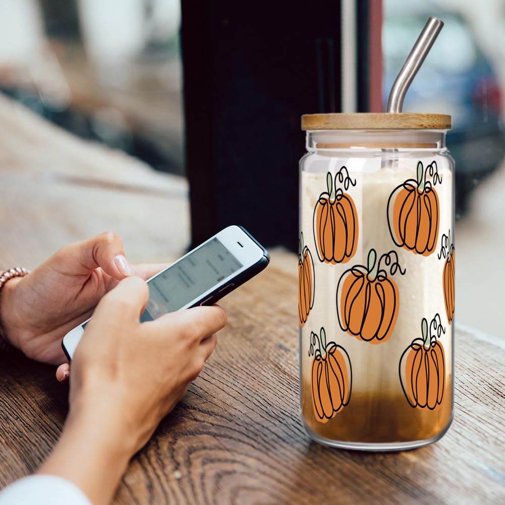 Fall Pumpkin Cup 16oz Glass Cups with Lids and Straws Halloween Iced Coffee Tumbler Gift for Friend and Her, Thanksgiving Tumbler Mug, Fall Gifts, Halloween Pumpkin Gifts for Women Best Friend Bestie