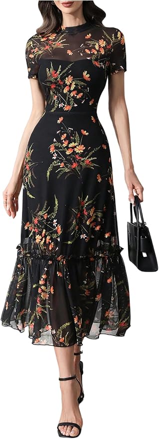 Verdusa Women's Floral Ruffle Mesh Slimming Dress Vintage Elegant Wedding Guest Dress