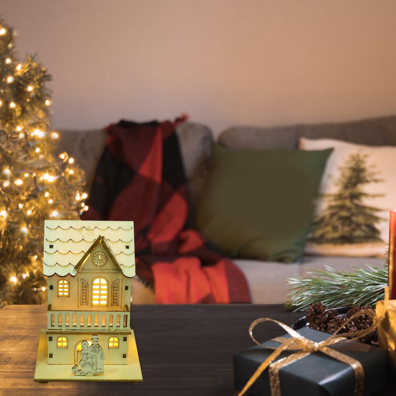 Toyvian 3pcs Christmas Led Light Wooden House with Battery, Unfinished Wooden Christmas Village Mini Houses House Landscape Decors for Christmas Table Centerpieces Holiday Home Decor