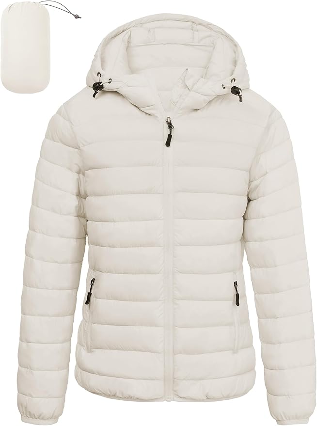 Women's Lightweight Packable Puffer Jacket Quilted Insulated Warm Winter Coat Full-Zip Hooded Outerwear for Hiking Travel