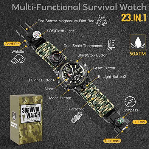 Kavie 23-in-1 Military Tactical Watch for Men, Multifunctional Outdoors Waterproof Survival Watches with Compass Whistle F...