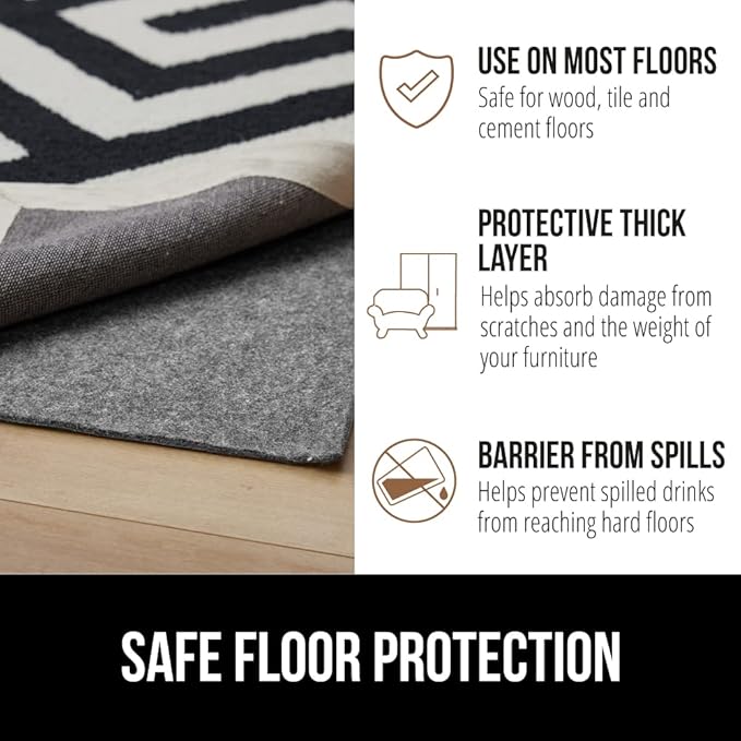 GORILLA GRIP Felt and Natural Rubber Stay in Place Slip Resistant Rug Pad, 1/8in Thick, 7x10 FT Protective Padding Under Area Rugs, Cushioned Gripper Pads, Carpet Runners, Hardwood Floors Protection