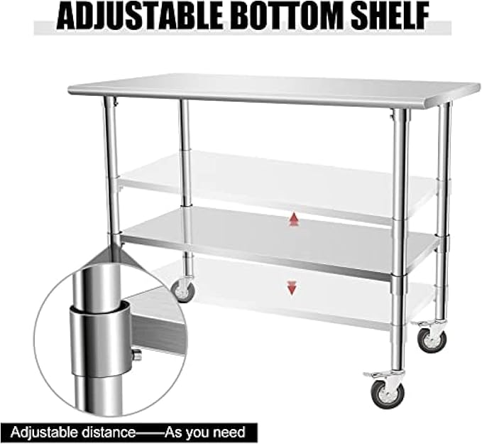 Stainless Steel Table - Metal Table Cart - Commercial Workbench with Caster Wheel - NSF Certified - for Restaurant, Warehouse, Home, Kitchen, Garage,48''x24''