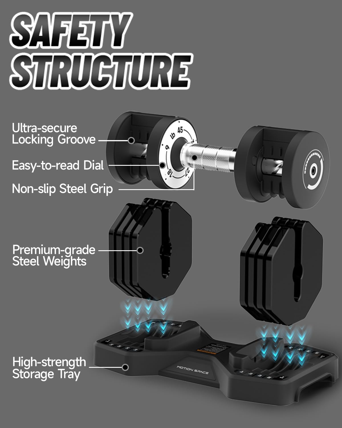 Adjustable Dumbbells Set 45LB Single, 1-Sec Fast Adjustable 5 Weights by Turning Handle, Premium Comfort Non-slip Metal Dumbbells with Tray, Compact Size for Full Body Home Workout (Black)