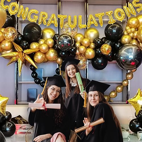 Black Gold Confetti Balloons 50 Pack 12 inch Black and Gold Metallic Latex Balloons with 1 Rolls of Ribbon for Birthday Gr...