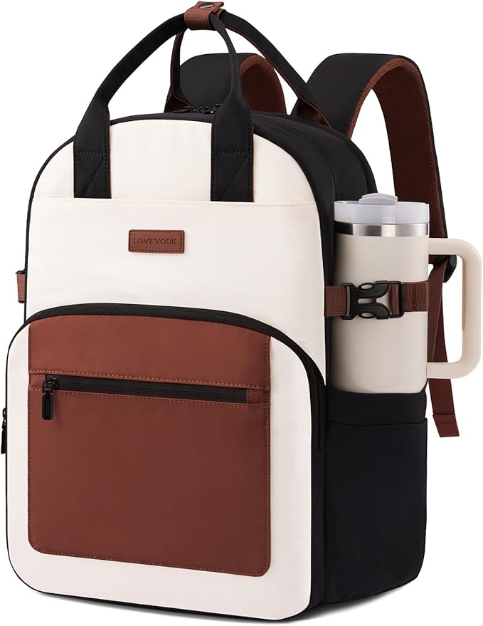LOVEVOOK Laptop Backpack for Women - Stylish Work Backpack with Large Cup Holder, Waterproof College Teacher Backpack, Bei...