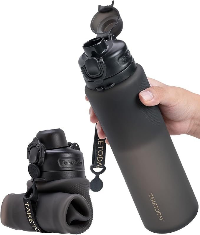 TakeToday Collapsible Water Bottles 32oz, Foldable Travel Water Bottle, BPA Free, Silicone Water Bottle Leakproof for Hiki...