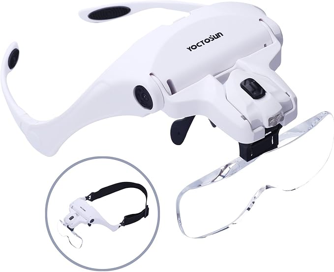 YOCTOSUN Head Mount Magnifier with 2 Led Professional Jeweler's Loupe Light Bracket and Headband are Interchangeable