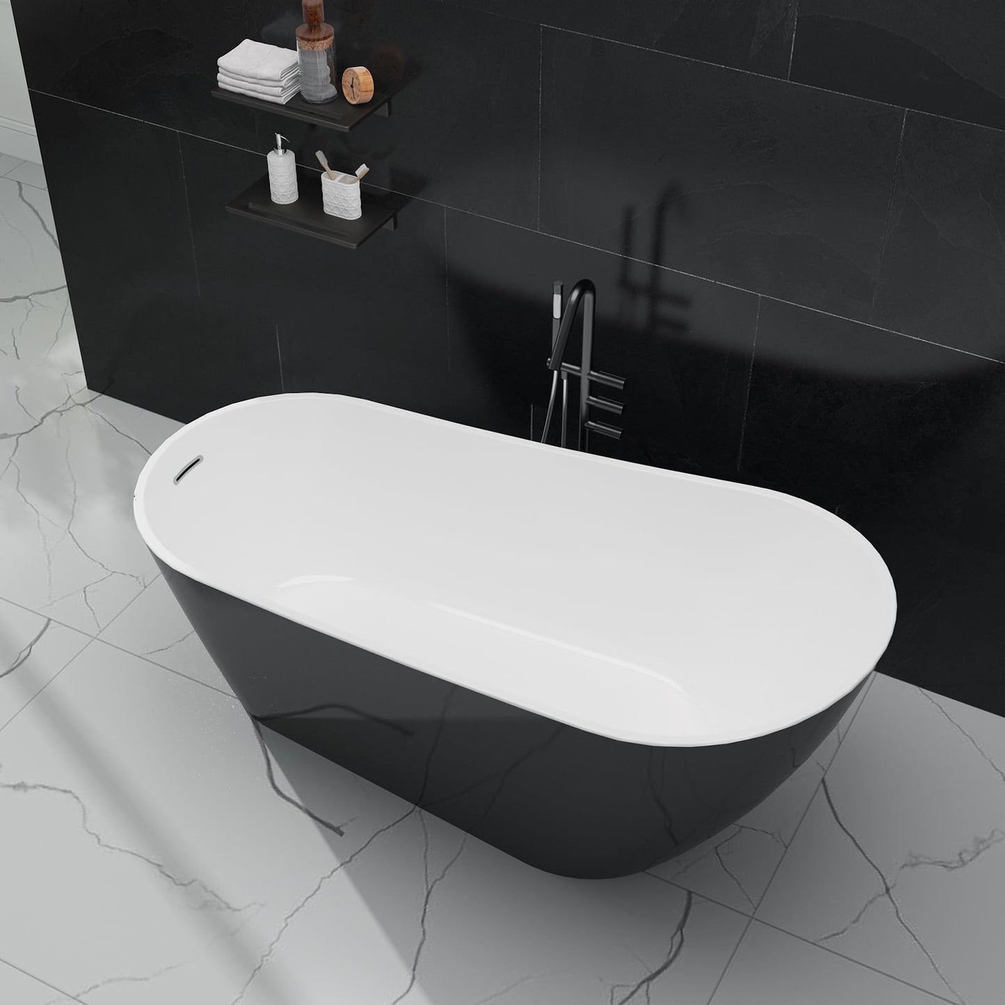 67 Inch Freestanding Bathtub, Acrylic Free Standing Bath Tub with Chrome Drain Kit, Deep Soaking Stand Alone Tub for Adults, Modern Bathroom Tub, Black Exterior, White Interior