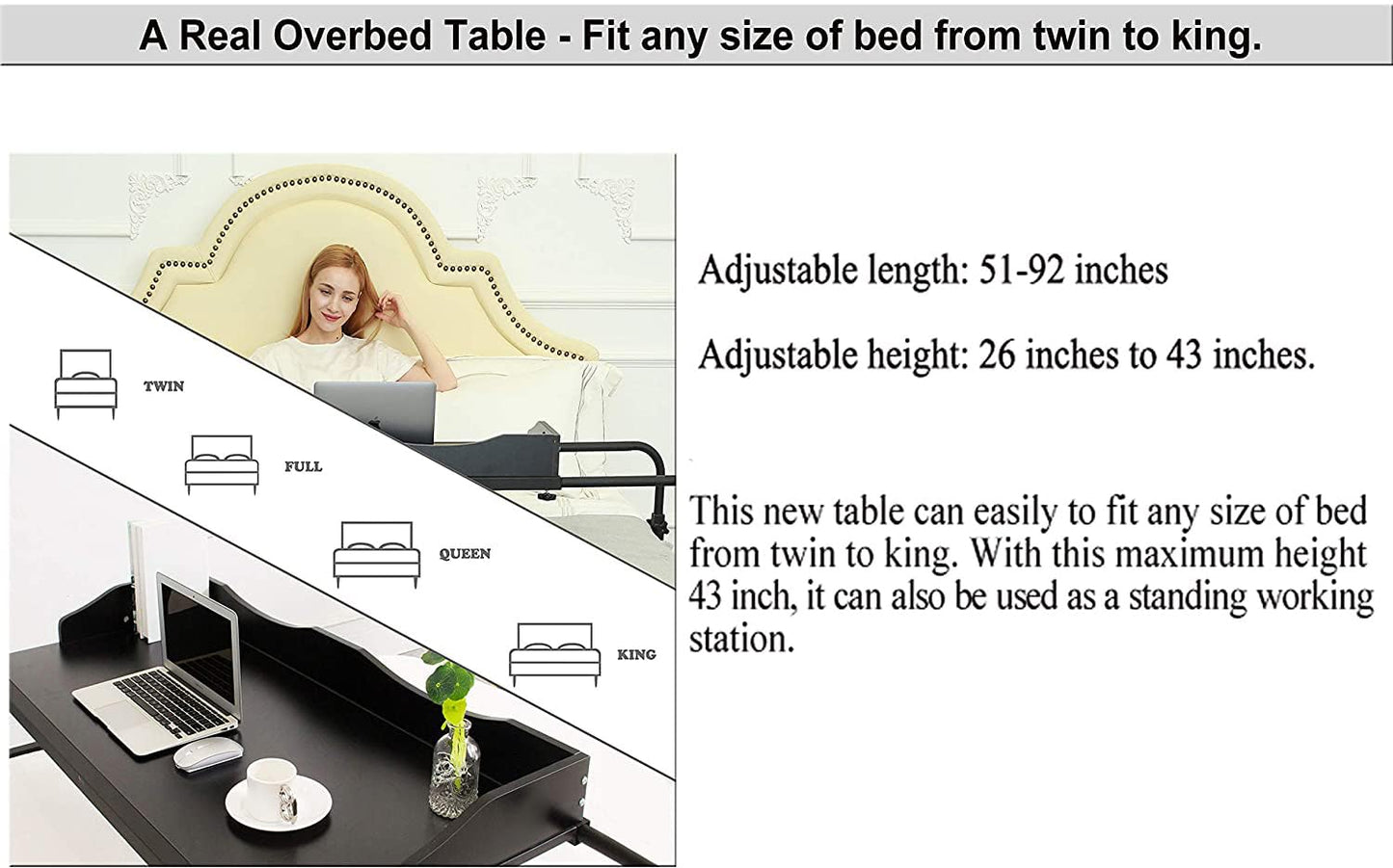 UNICOO® Adjustable Overbed Table, Over The Bed Table with Wheels, Medical Overbed Table with Wheels Adjustable Height, Rolling Desk for Full/Queen/King Bed, Sturdy Wood & Steel Frame (202-Black)