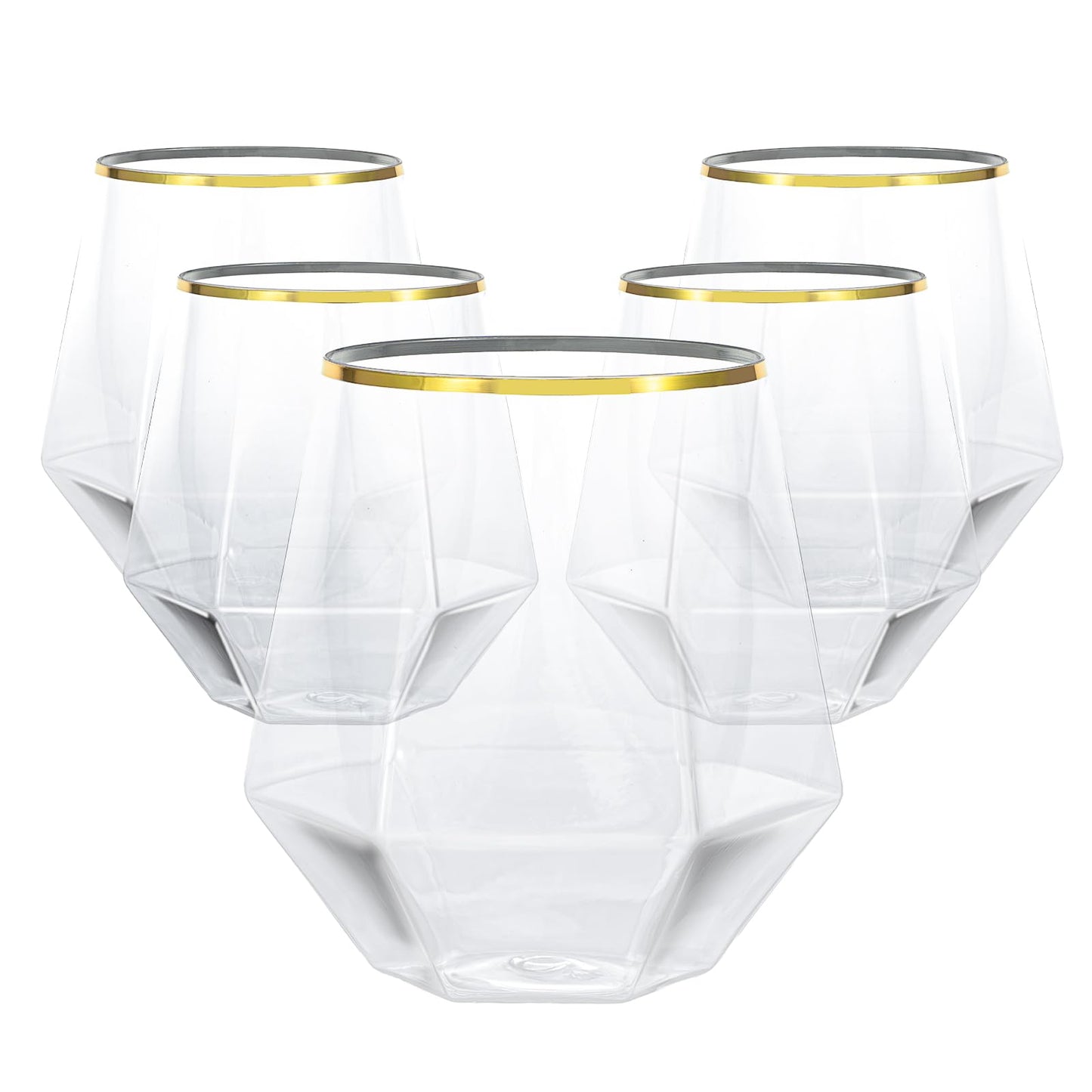 Goodluck 40 PCS Diamond Stemless Plastic Wine Whiskey Glasses, 12 Oz Disposable Cocktail Glasses, Suitable for Weddings, Birthday Parties, Family Gatherings, Bars, etc （Gold rimmed cups）
