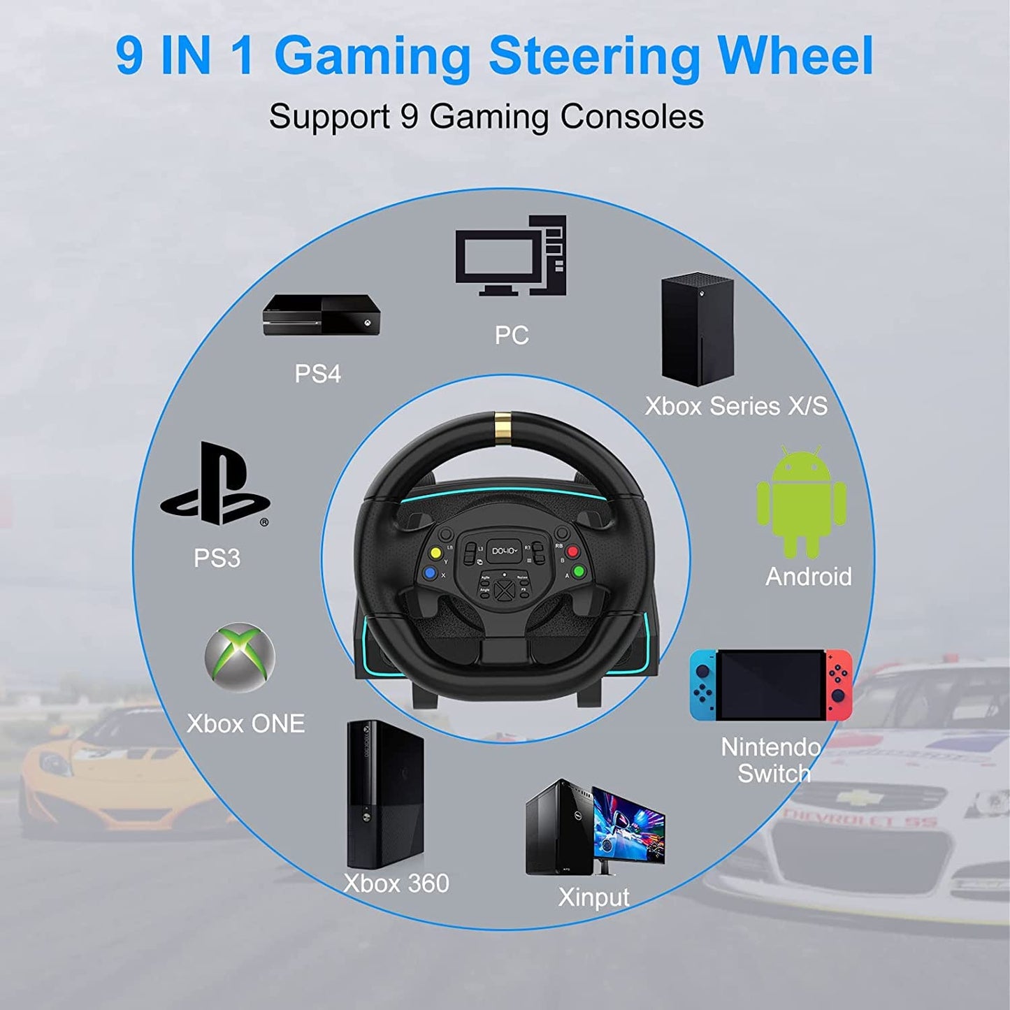 NBCP Racing Wheel with 6-Speed Shifter & Pedals –1080° Gaming Steering Wheel for PS4, Xbox & PC, Vibration Feedback, Clamp Mount, Plug & Play
