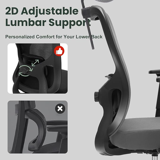 ZYFFHYLAI Ergonomic Office Chair - 350LB Mesh Office Chair with Adjustable Lumbar, High Back Computer Desk Chair with 3D Armrest, Comfy Chair with 2D Headrest & Tilt Function for Study, Work, Gaming