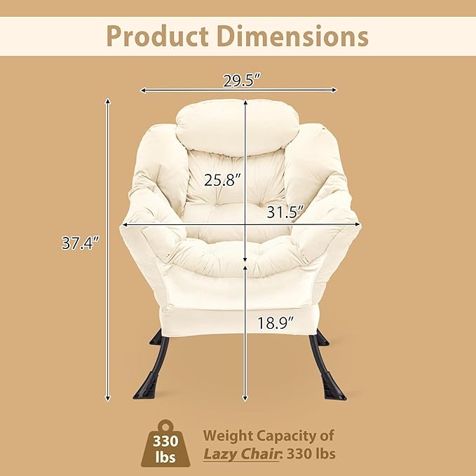 Youtanic Lazy Chair Thick Padded, Comfy Velvet Accent Lounge Chair with Stable Frame, Leisure Sofa Armchair with Armrests and Side Pocket, Reading Chair for Bedroom, Living Room, Office, Beige