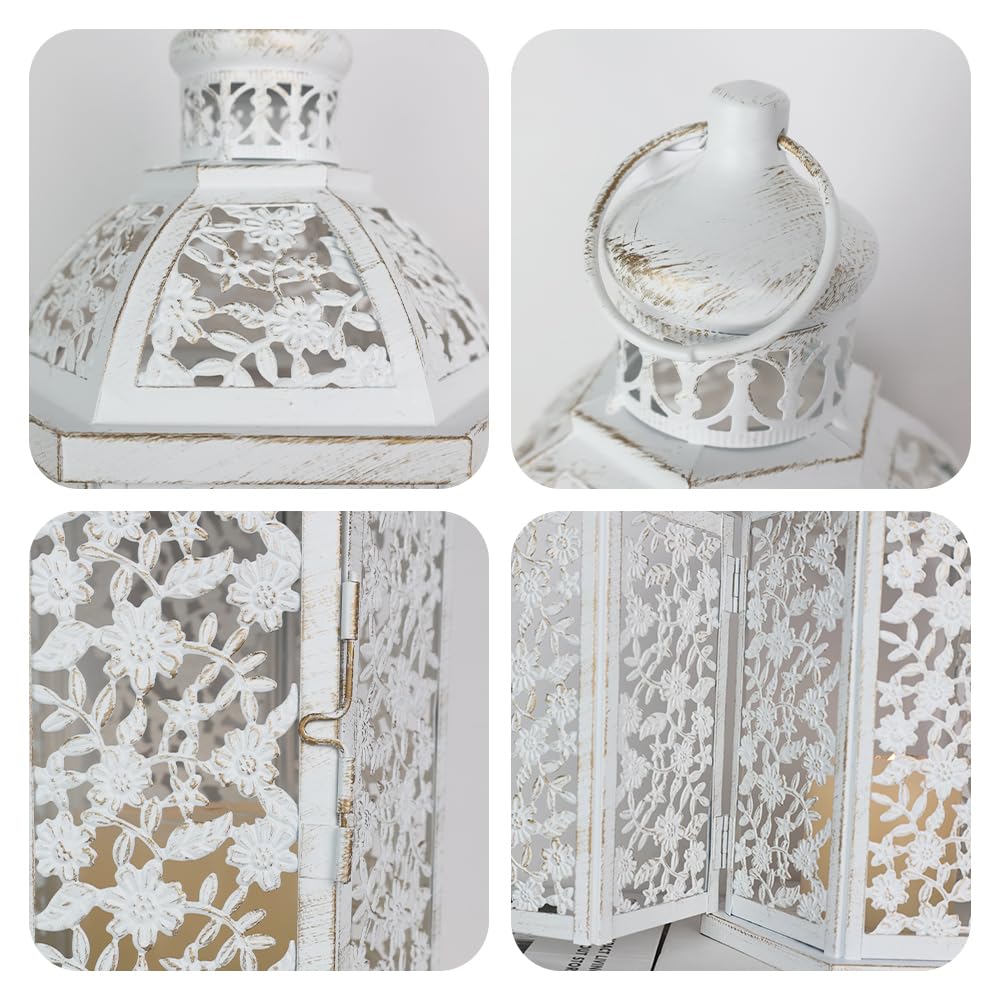 Lanterns Decorative Outdoor&Indoor, Set of 2 (15"&7") White Metal Lantern Decor, Candle Holder for Porch, Patio, Christmas, Balcony, Wedding, Table Centerpiece