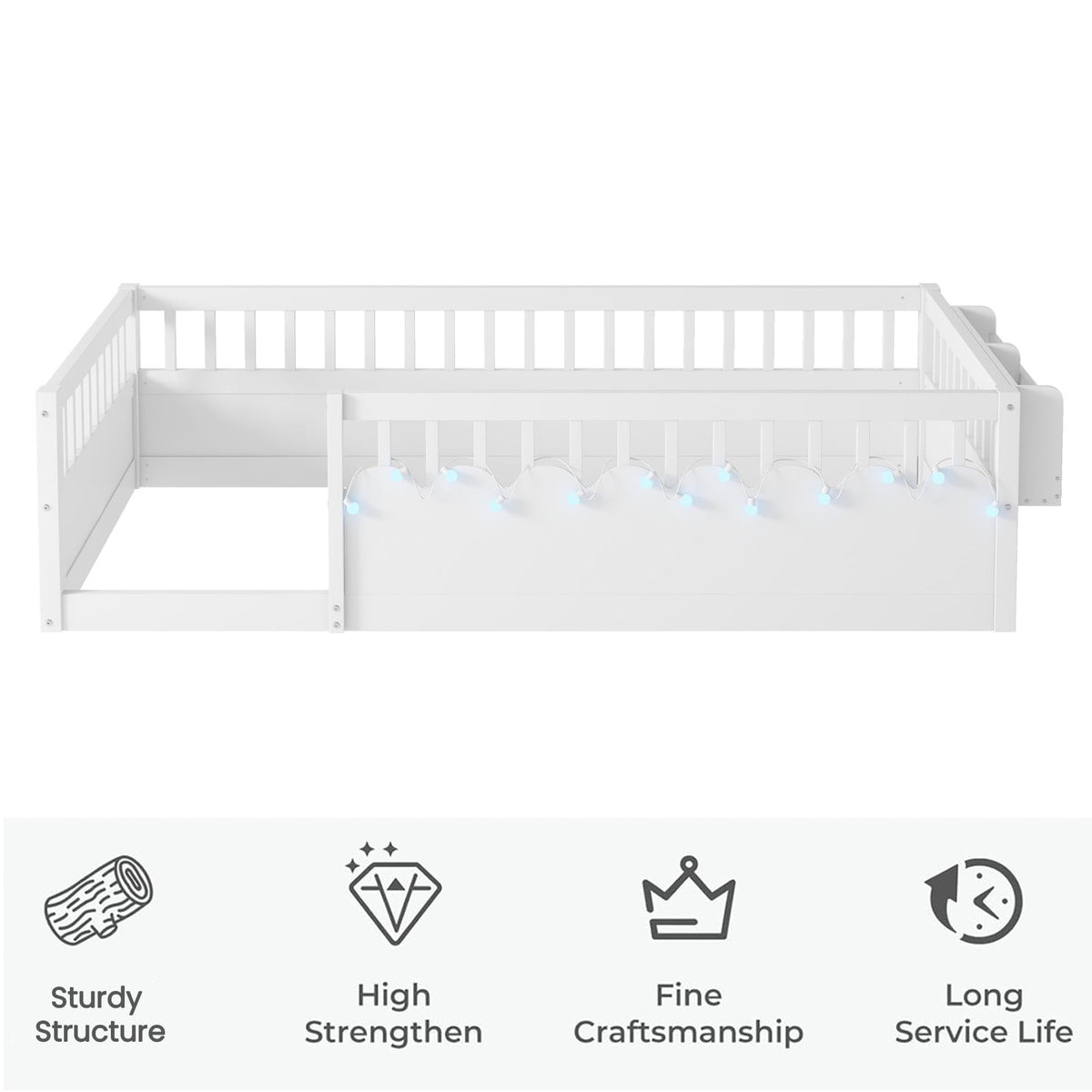 Twin Size Floor Bed with High Rails, Solid Wood Montessori Bed with Lights & Storage Shelf for Baby,Kids Bed Frame for Girls, Boys, Floor Bed Frame Without Slats,White