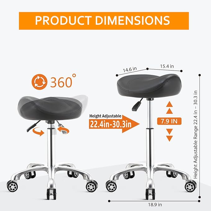 Nolasalon Saddle Stool Chair with Wheels,Ergonomic Swivel Rolling Height Adjustable for Salon Beauty Clinic Dentist Tattoo Home Office