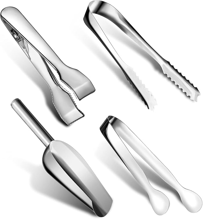 Sieral 4 Pieces Silver Ice Tongs and Scoops for Ice Bucket Stainless Steel Versatile Serving Tongs with Teeth Shovel Scoop...