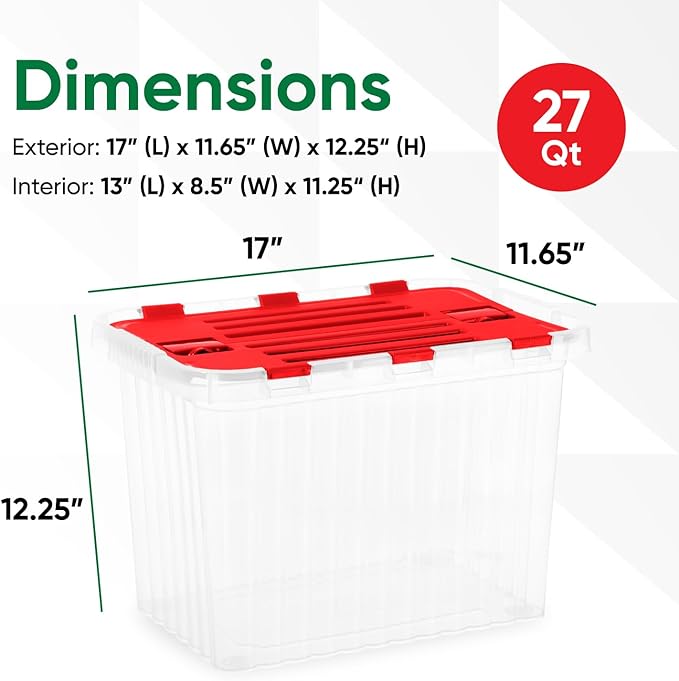 Superio Christmas Storage Box with Red Hinged Lids, Plastic Container Bins for Organizing with Attached Lid, Stackable Crates, BPA Free, Organizers for Home and Office, 27.5 Quart (17"x11.65"x12.25)