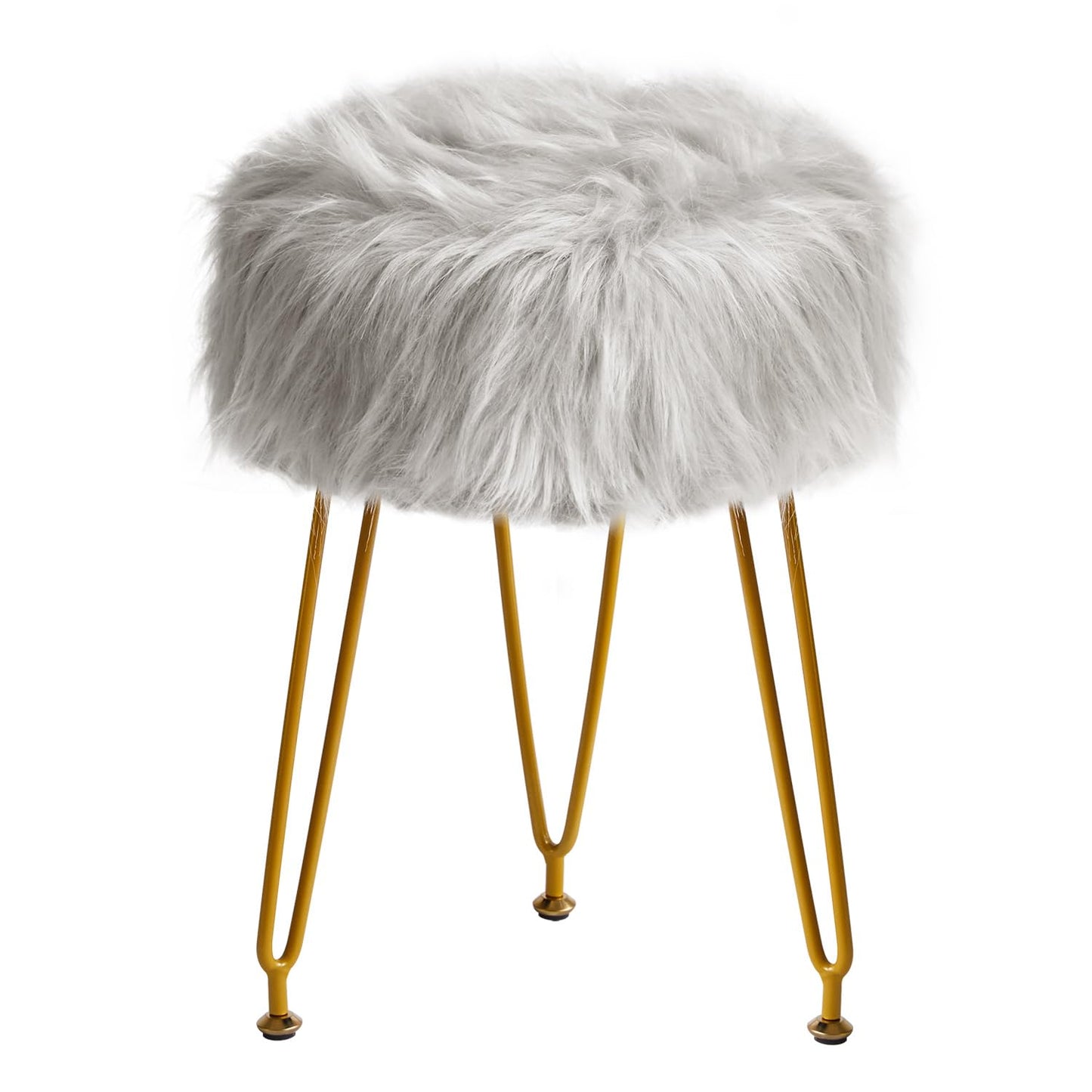 IBUYKE Faux Fur Vanity Stool Chair, Furry Makeup Stool Ottoman, Soft Padded Seat, Round Footrest Footstools with 4 Metal Legs, for Living Room Bedroom Entryway, Gray LG-32G