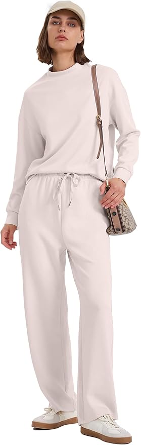 WIHOLL Two Piece Sets for Women Fall Outfits Lounge Sets Mock Neck Tops Wide Leg Pants Vacation Travel Airport Outfits