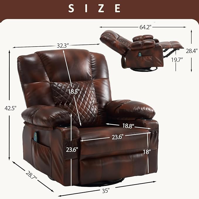Comermax Massage Recliner Chair with Heat, 360° Swivel Rocker Recliner Chair with Cup Holders, 150° Recline PU Leather Recliner for Living Room, Brown