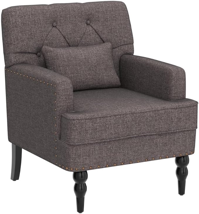HUIMO Tufted Club Chair with Lumbar Pillow,Upholstered Button Armchair,Accent Reading Chair,Linen Fabric Sofa Chairs for Bedroom, Living Room, Mid Century Modern with Studded Chair Grey