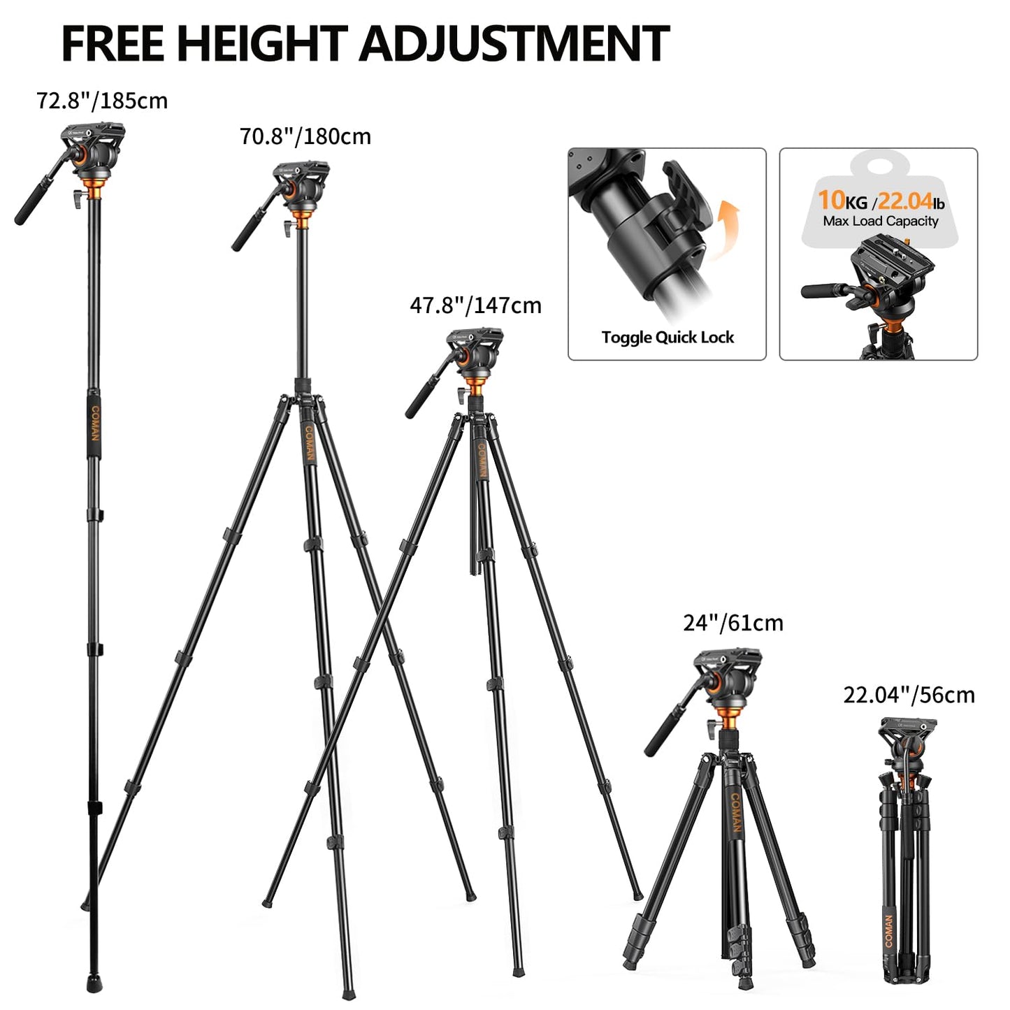 COMAN Camera Tripod with Fluid Head, Lightweight Compact Tripod for Camera with Detachable Monopod Aluminium Alloy and QR Plate for DJI Canon Nikon Sony DSLR Camera 70.8“ Max Load 22.04lb(FF06S)