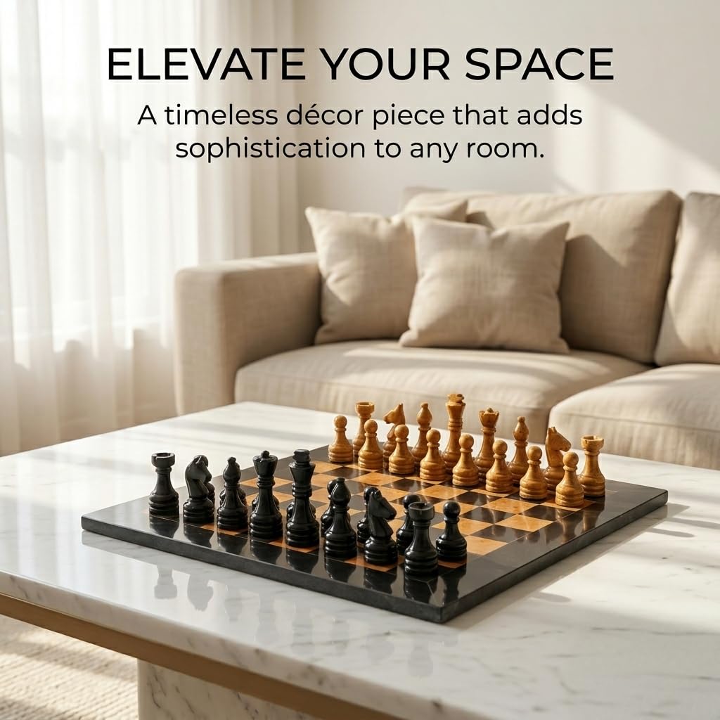 Radicaln Marble Chess Set 15" Inches Black and Golden Handmade Luxury Board Games for Adults, Ideal Marble Chess Board Game Set & Chess Pieces
