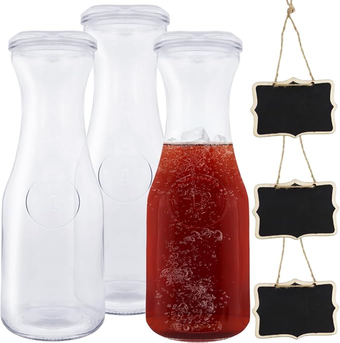 3 Pack Glass Bottles Set Glass Carafe with Lids 34 Ounces Water Decanter Juice Pitcher for Wine Milk Juice & Mimosa Bar, B...