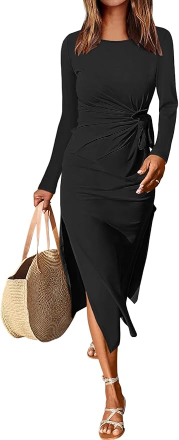 ANRABESS Womens 2026 Spring Long Sleeve Maxi Dress Crewneck Tie Waist Slit Casual Long T Shirt Dresses Winter Trendy Outfits