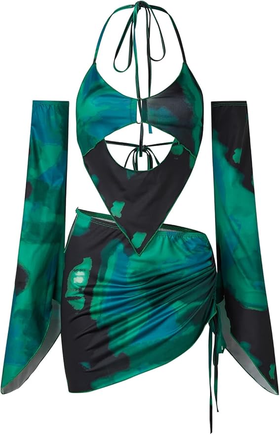 CAPE CLIQUE Rave Outfits for Womens Festival Sexy Y2K 2 Piece Outfits Summer Long Sleeves Birthday Party Clubwear