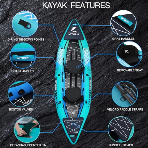 UPWELL 13'6”/11' Inflatable Recreational Kayak - 2 Person with Drop Stitch Floor and Accessories Including Kayak Seats wit...