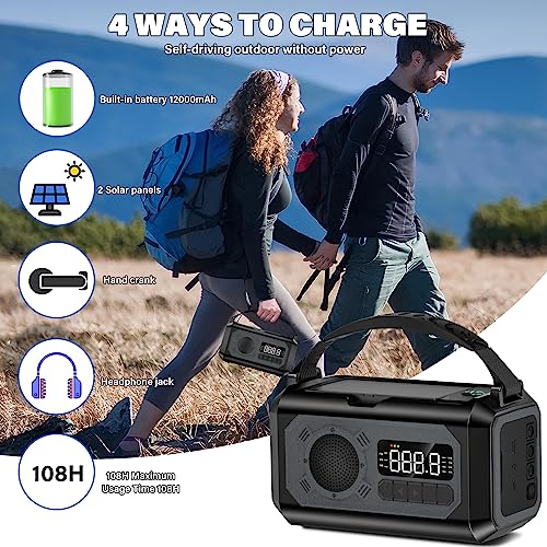 12000mAh Emergency Weather Radio, Hand Crank Solar Radio Portable AM/FM/NOAA Radio with 2 Solar Panels 3 Charging Methods ...