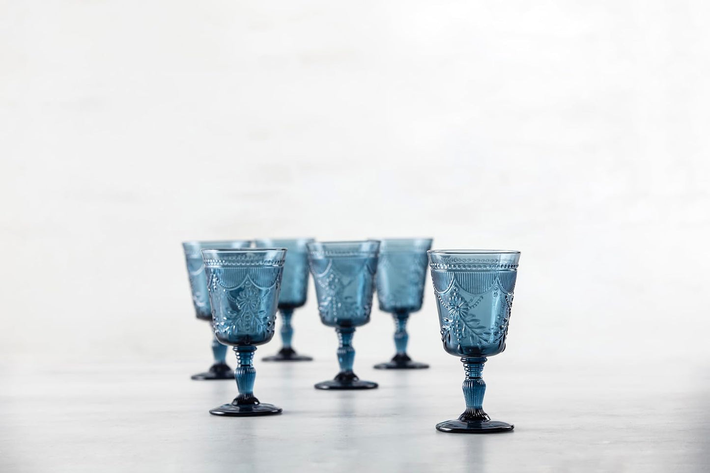 FORTESSA Debutante Vintage Themed Glassware, 10 Ounce Water Goblets (Set of 6), Dishwasher-Safe Water Glasses, Cornflower Blue