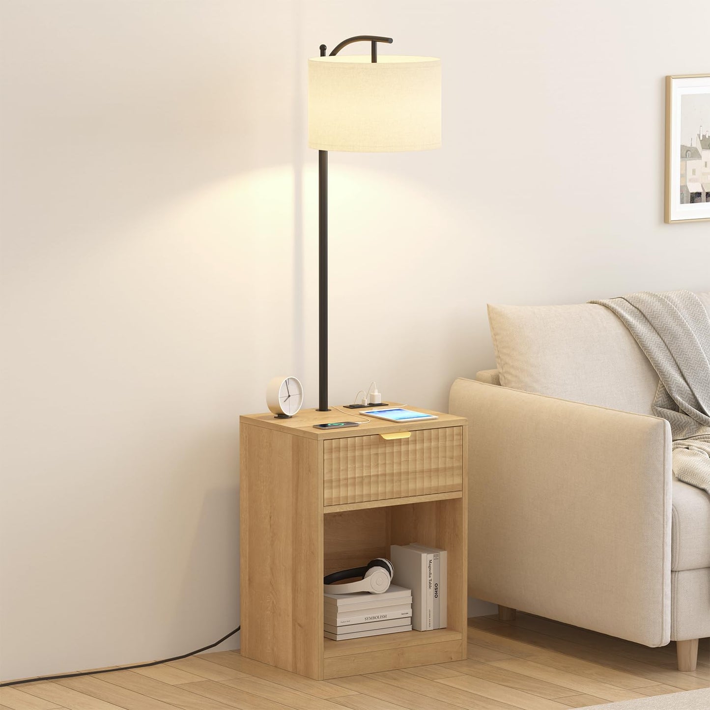 TVU Floor Lamp with Table & Drawers, End Table with Lamp and Charging Station, Modern Fluted Side Table Lamp with 3 Color Temperature Led Bulb, Floor Lamps for Living Room, Natural