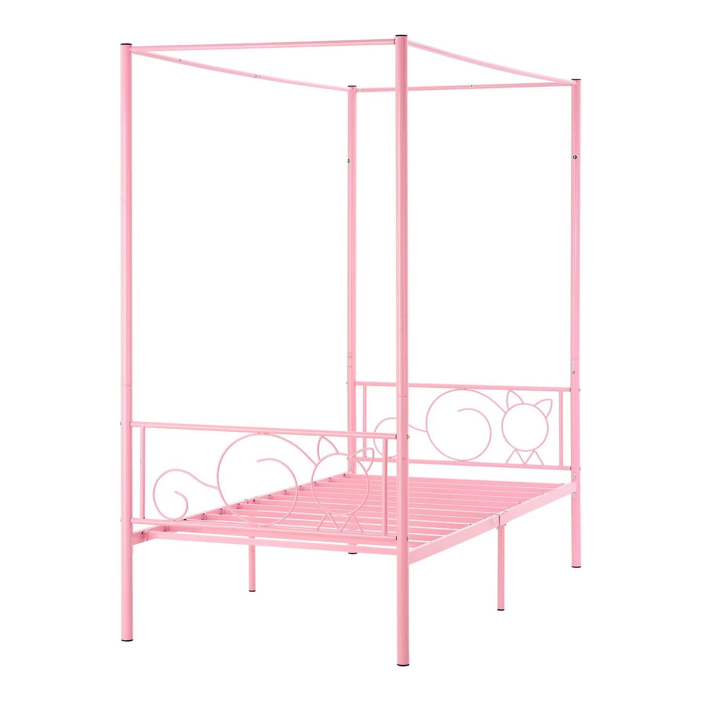 VEVOR Twin Size Canopy Bed Frame, Metal Canopy Bed with Minimalist Headboard & Four Posters Design, Heavy Duty Steel Slats Support, Underbed Storage Space, No Box Spring Needed, Easy Assembly, Pink