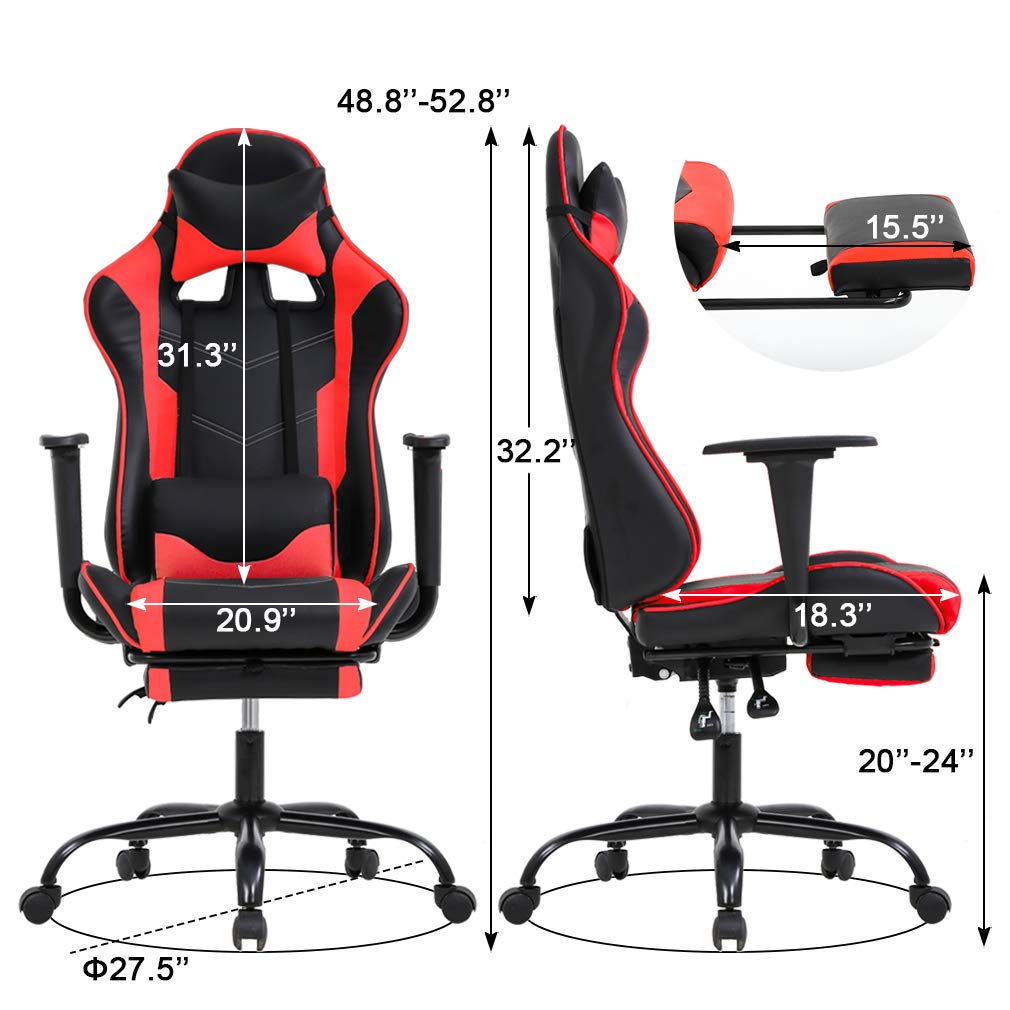 BestOffice Women's Red Gaming Chair, Sturdy Faux Leather, 360-Degree Rotating, Lumbar Support, Massage Vibration, Easy Assembly, 21.7"W x 20.9"D x 45"H