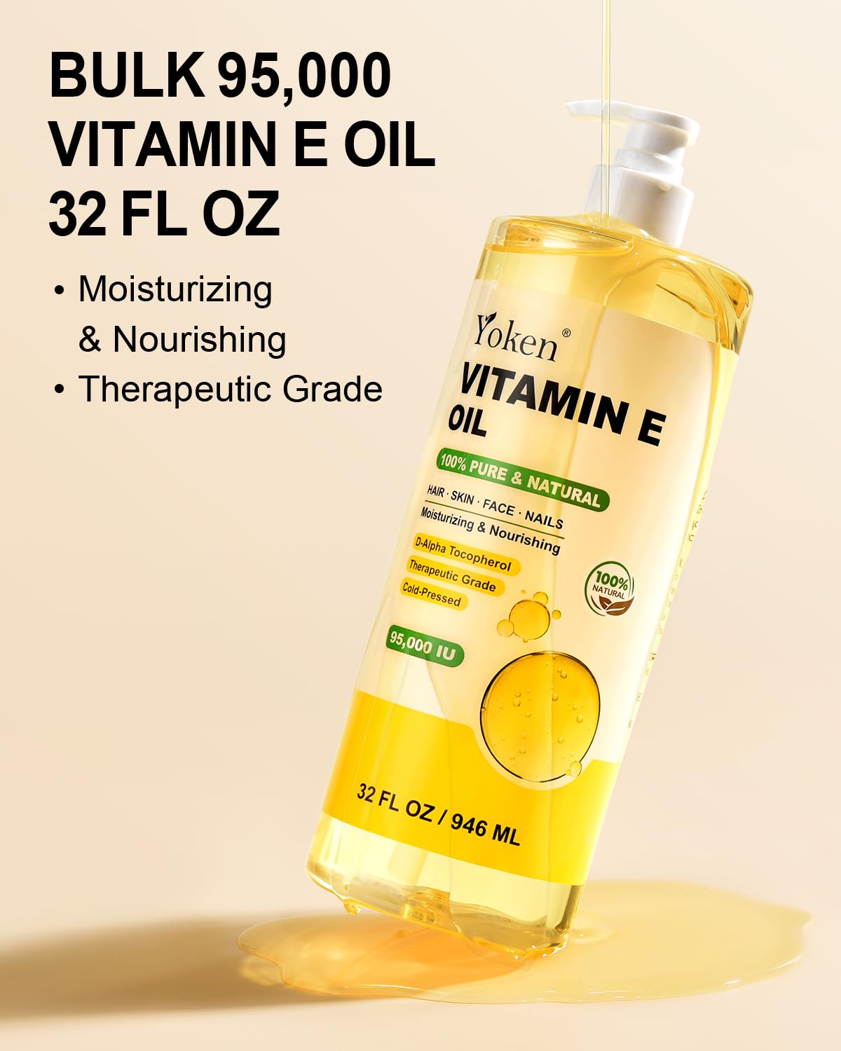 Yoken Vitamin E Oil 32 Fl Oz Organic Vitamin E oil for Skin 95,000 IU Vitamine oils for Scars Hair,Face,Nail,Scalp Perfect DIY B