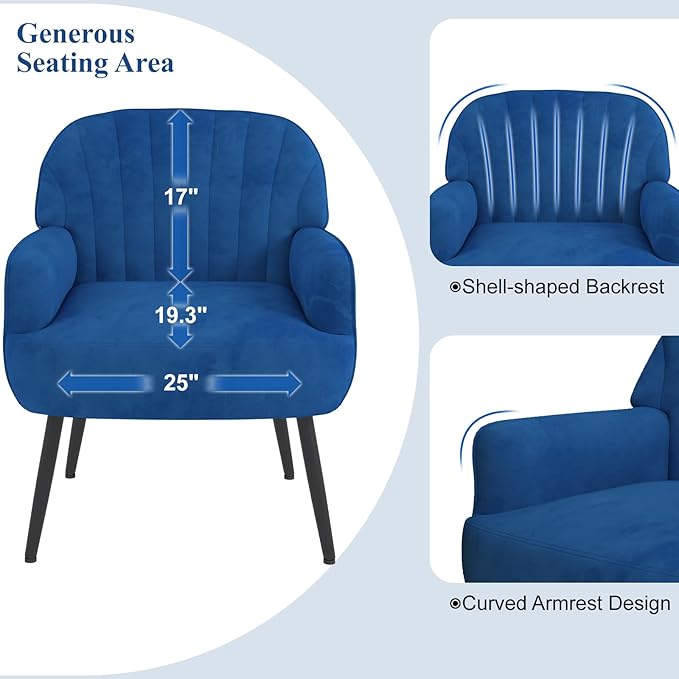 Holiway Velvet Accent Chair, Upholstered Modern Leisure Single Sofa Side Living Room Chair, Comfy Tufted Back Armchair with Metal Legs for Waiting Room/Bedroom/Office/Reading Room, Blue