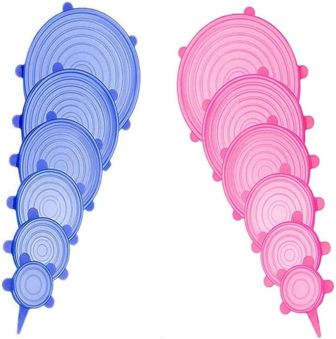 12 pcs Silicone Stretch lids set, Reusable Food Storage Covers,Silicone Bowl Covers,Flexible to Fit All Shape of Containers,Food Cover to Keep Food Fresh(6 Sizes,blue&pink)