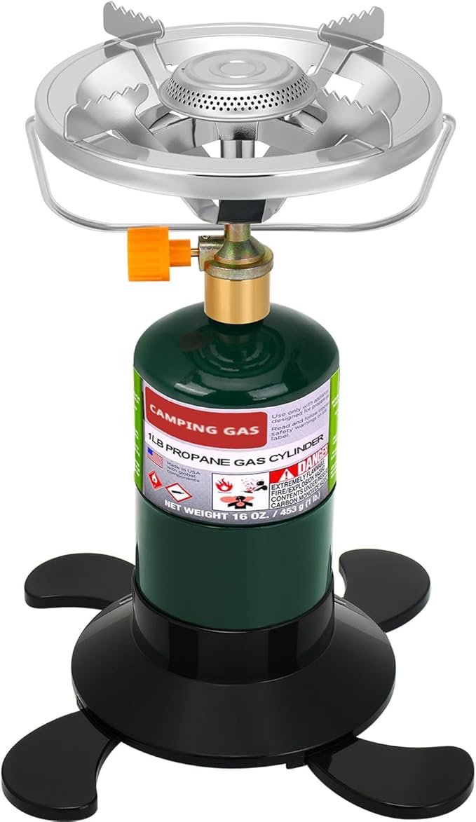Propane Camping Stove, Portable Backpacking Stove with Adjustable Burner, Stable Camp Gas Stove for Outdoor Cooking, Singl...